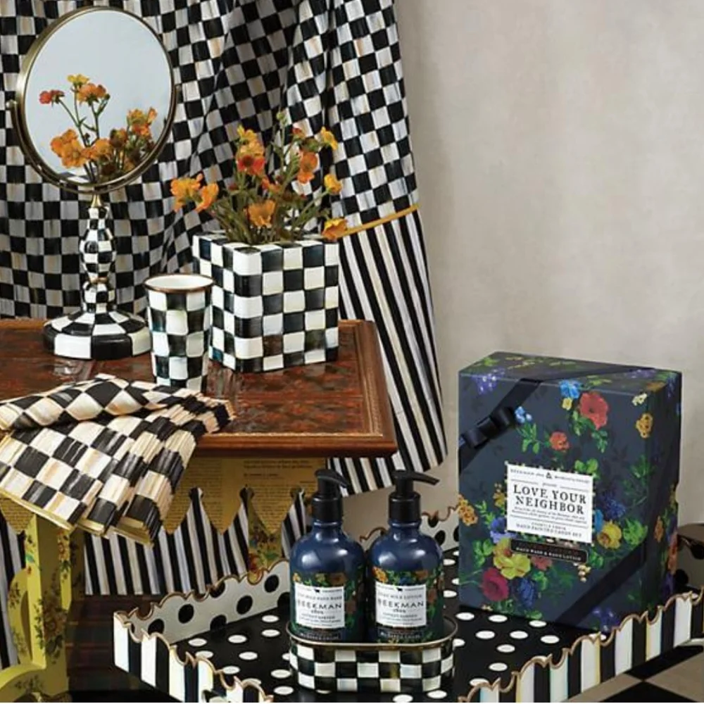 MacKenzie-Childs Courtly Check Shower Curtain with Striped Border,$218.00